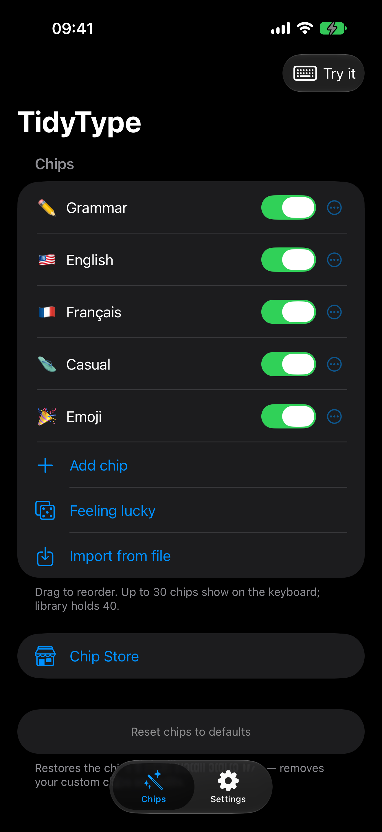 TidyType Chips screen on iPhone