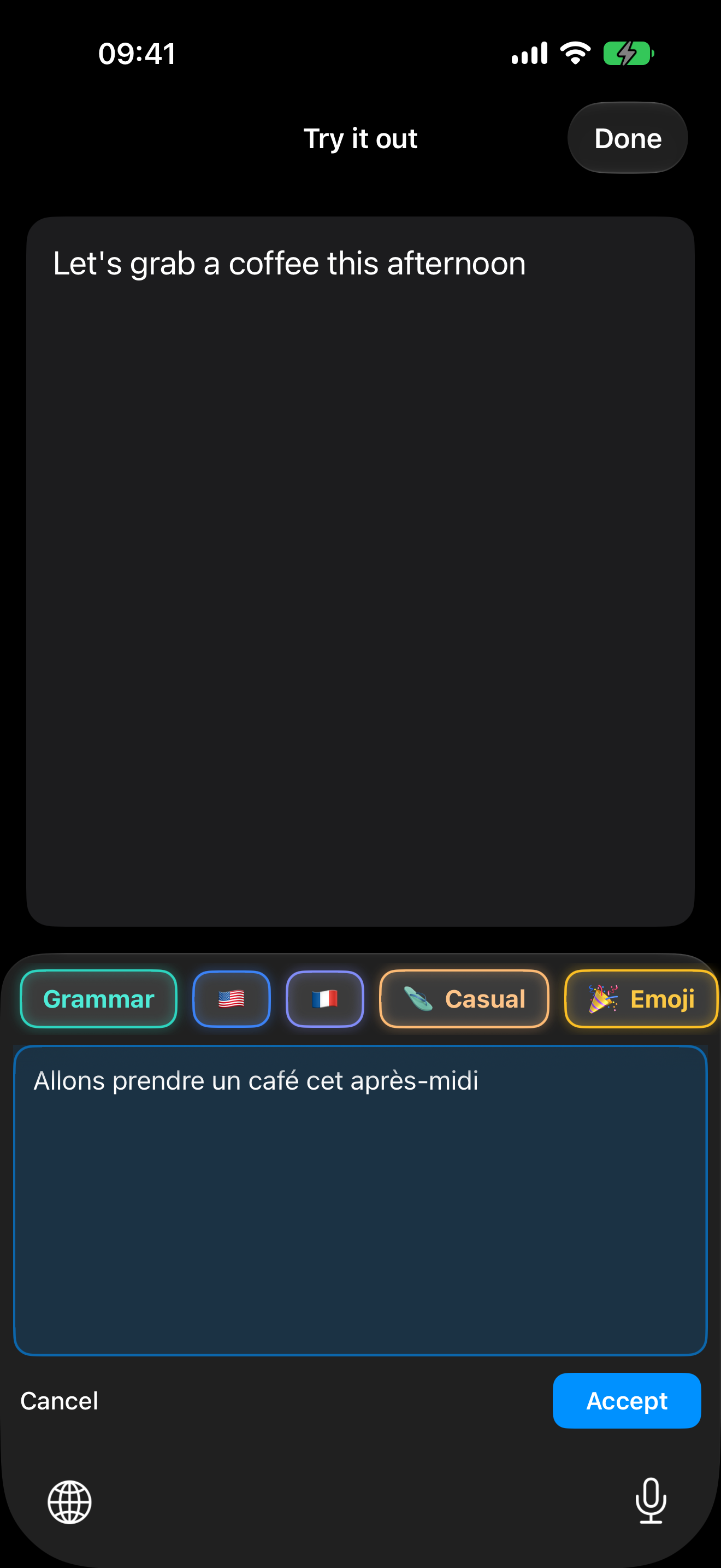 Translation preview with Accept and Cancel