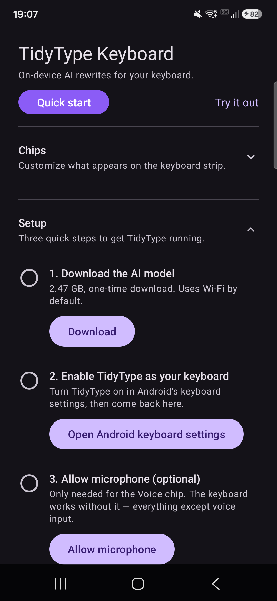 The Setup section on first launch, with all three steps shown as to-do circles