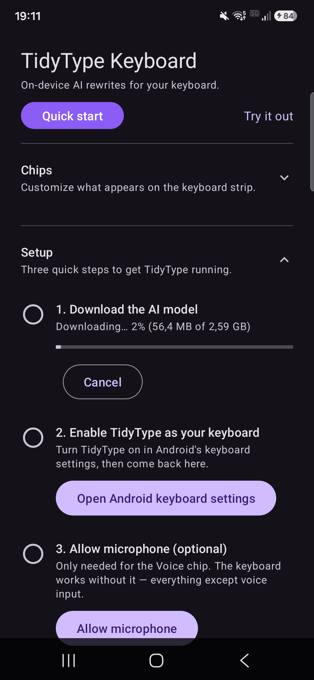 The model downloading — a progress bar in Step 1