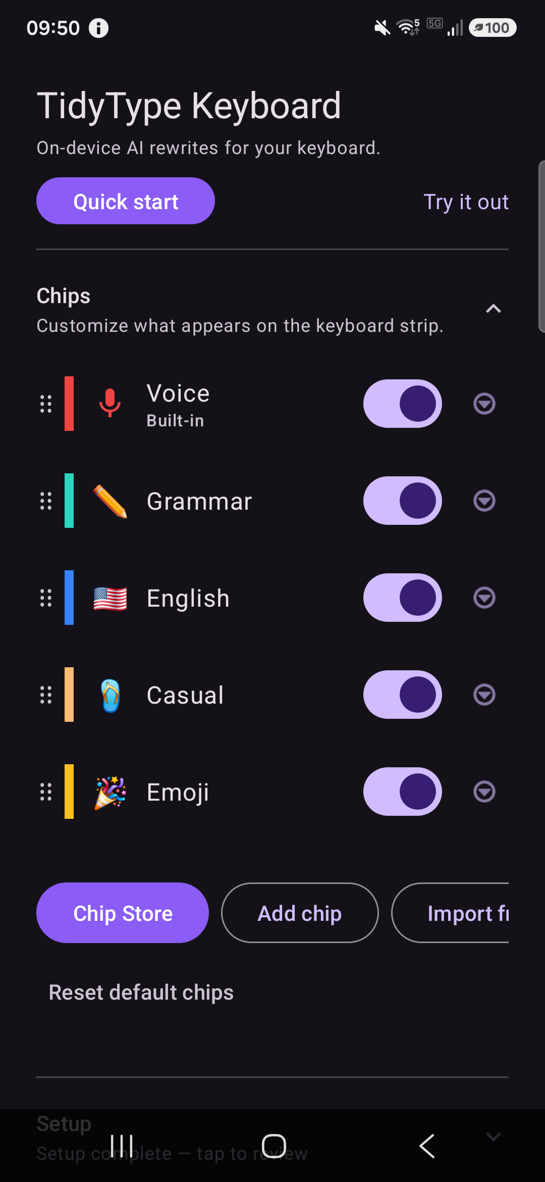 The Chips section expanded, showing the built-in chips with toggles