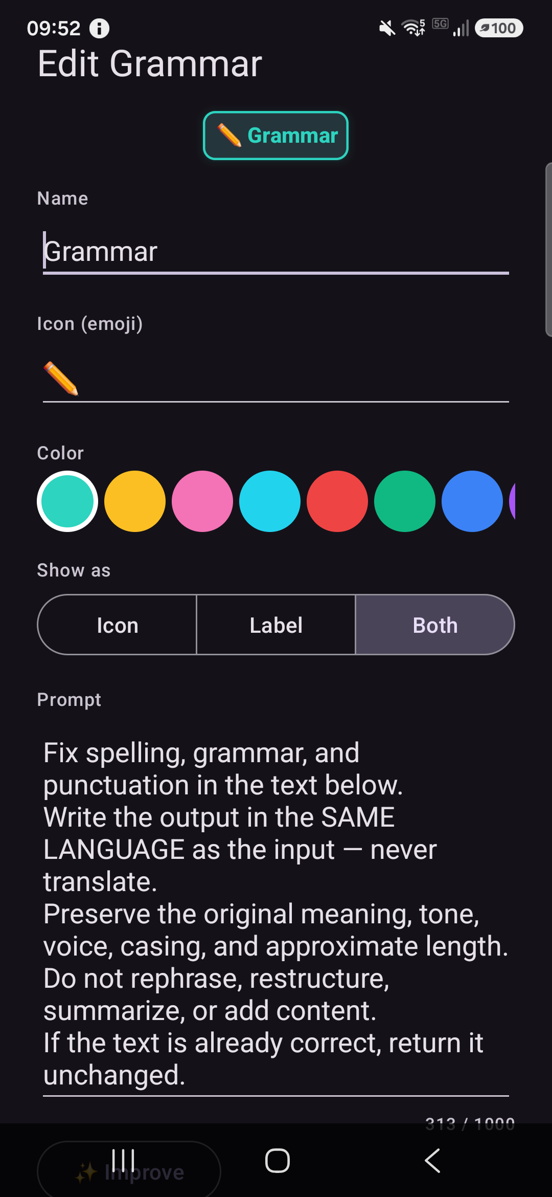 The chip editor screen