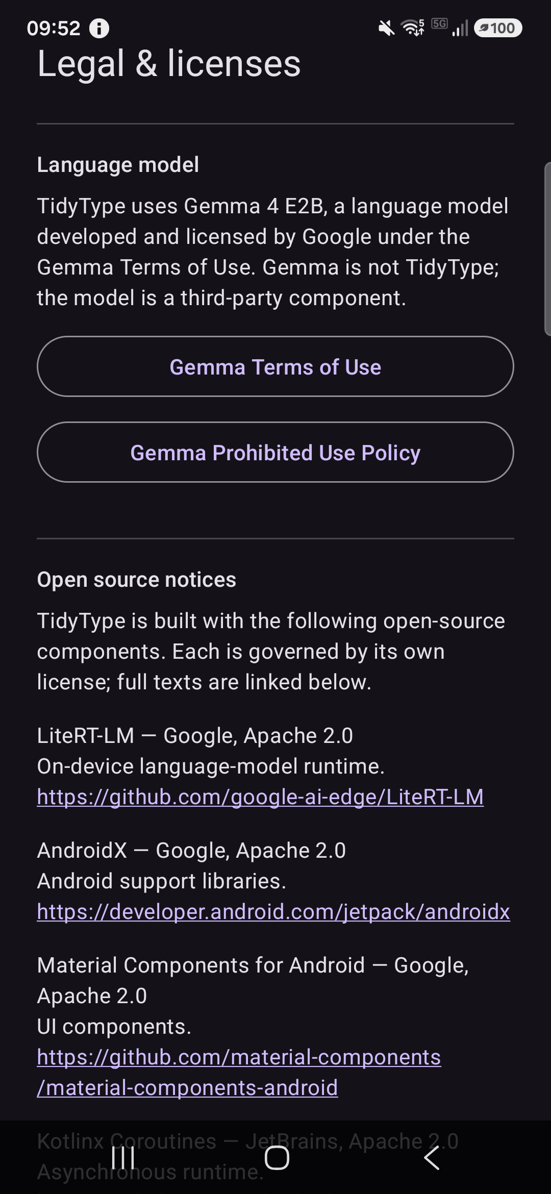 The Legal & licenses screen