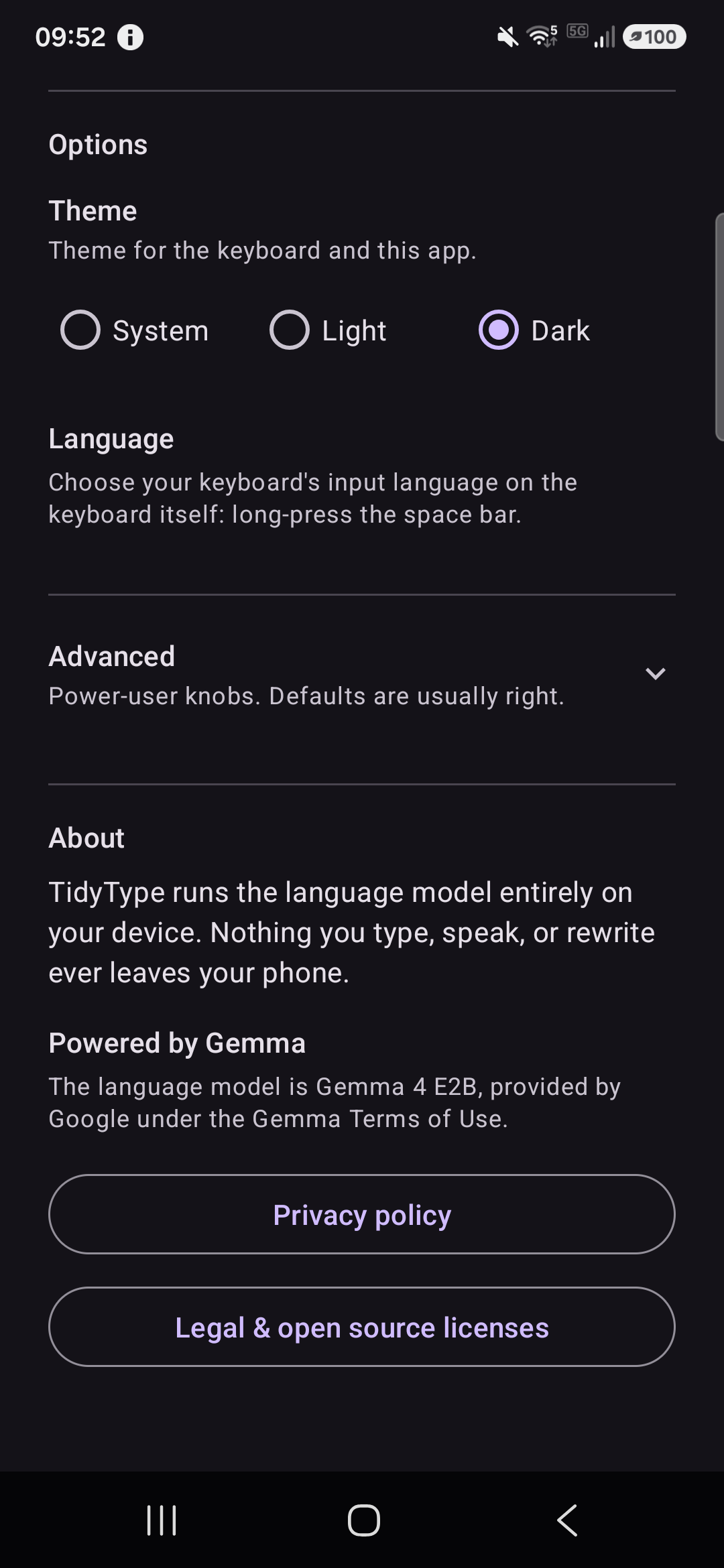 The Options and About sections of TidyType settings
