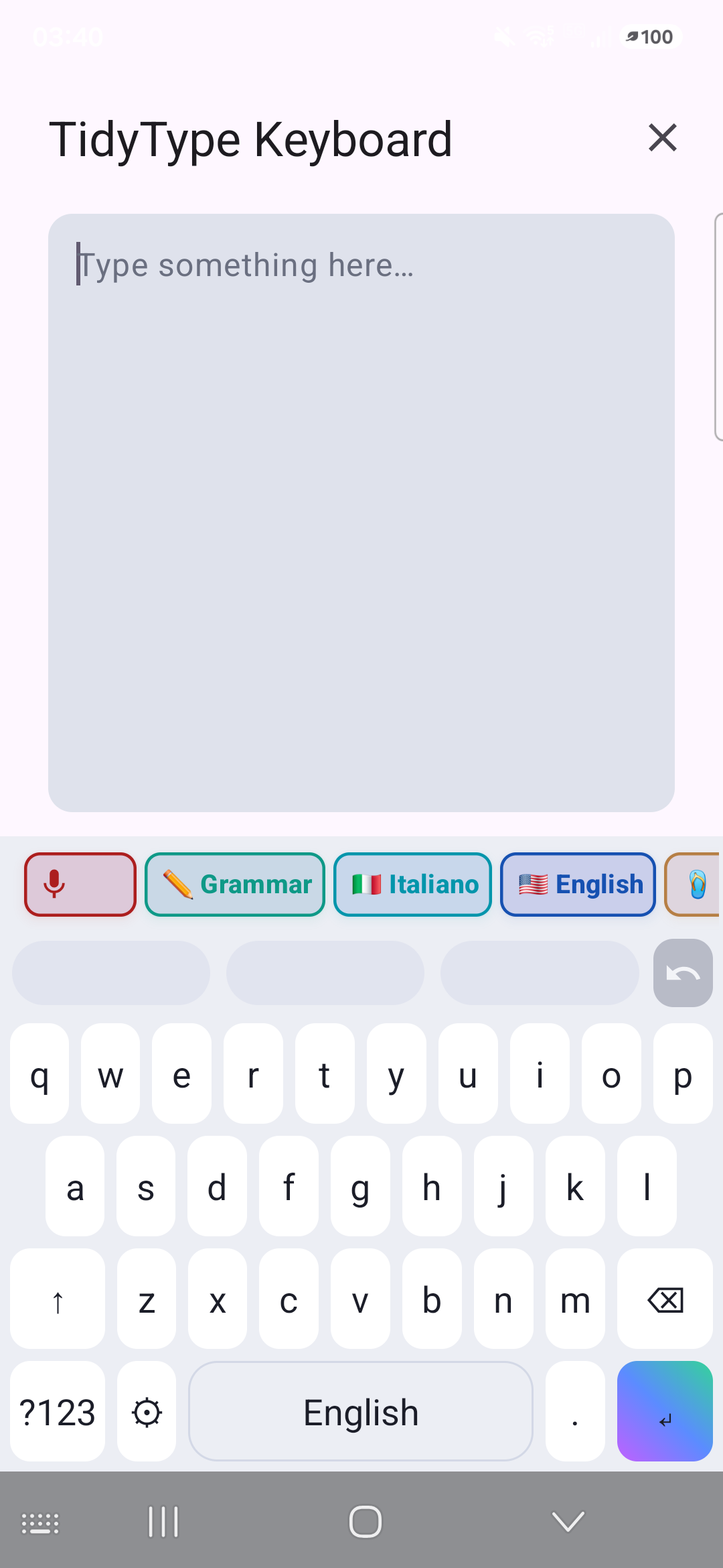 TidyType keyboard with chips in light mode