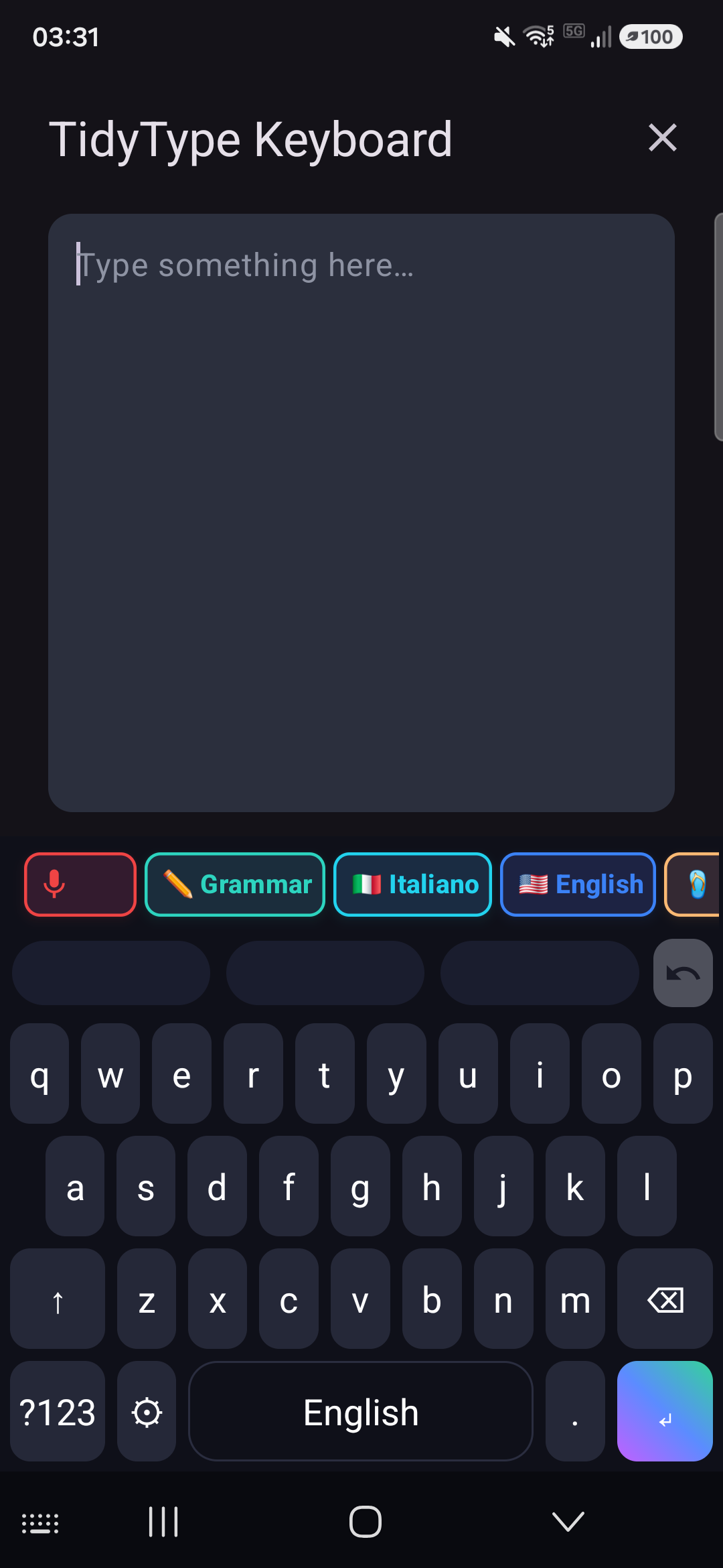 TidyType keyboard with chips in dark mode