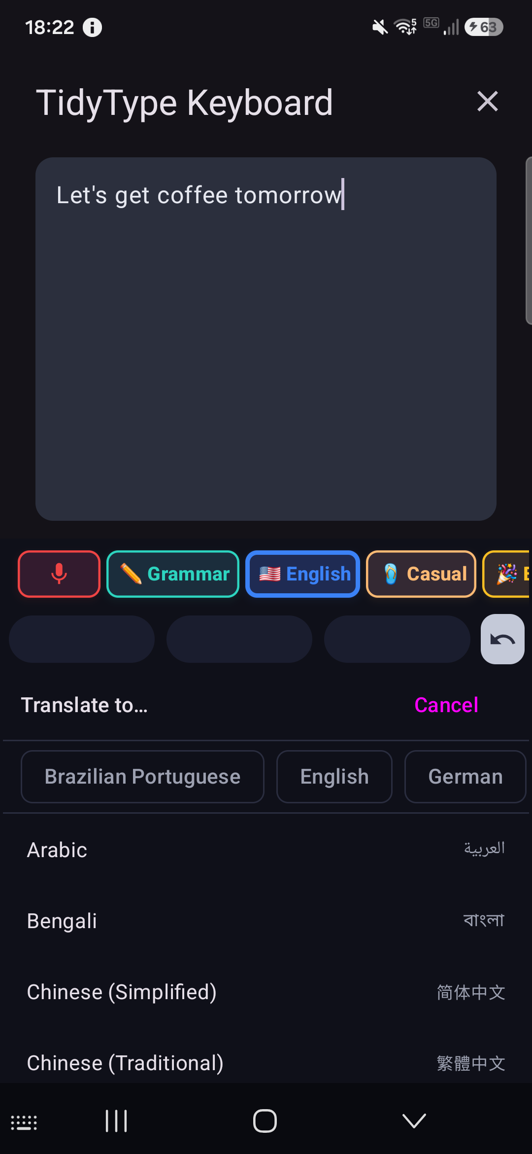 Long-press a translate chip to switch its language