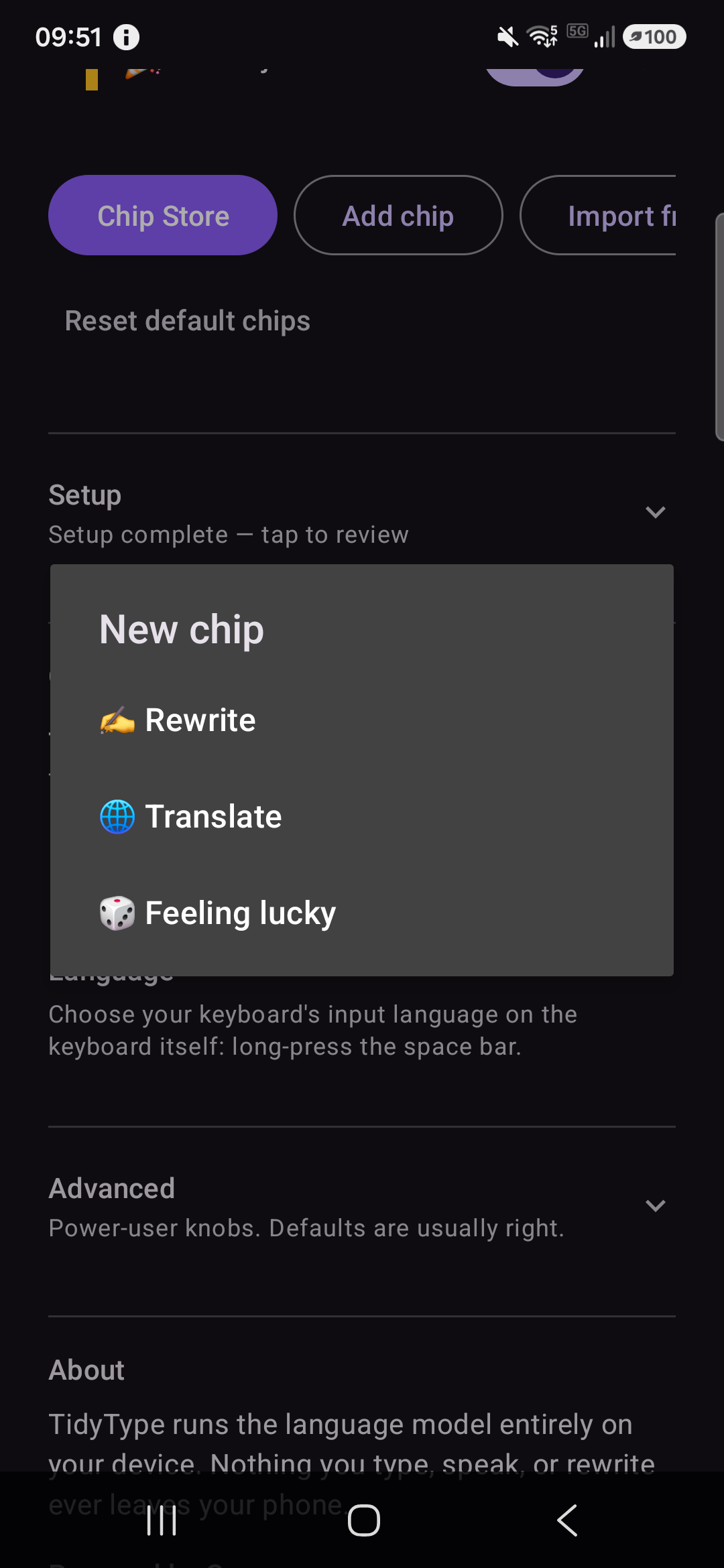 Add chip — Rewrite, Translate, or Feeling lucky