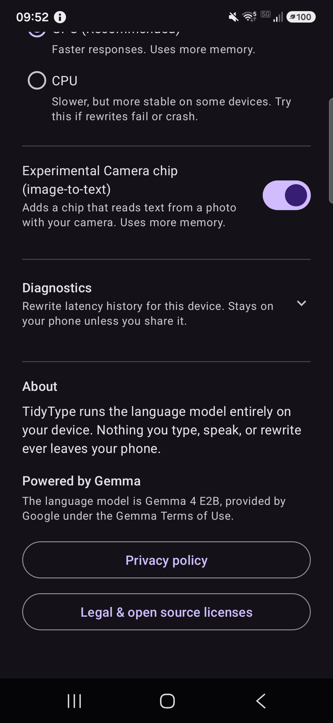 Enabling the Camera chip in Settings → Advanced