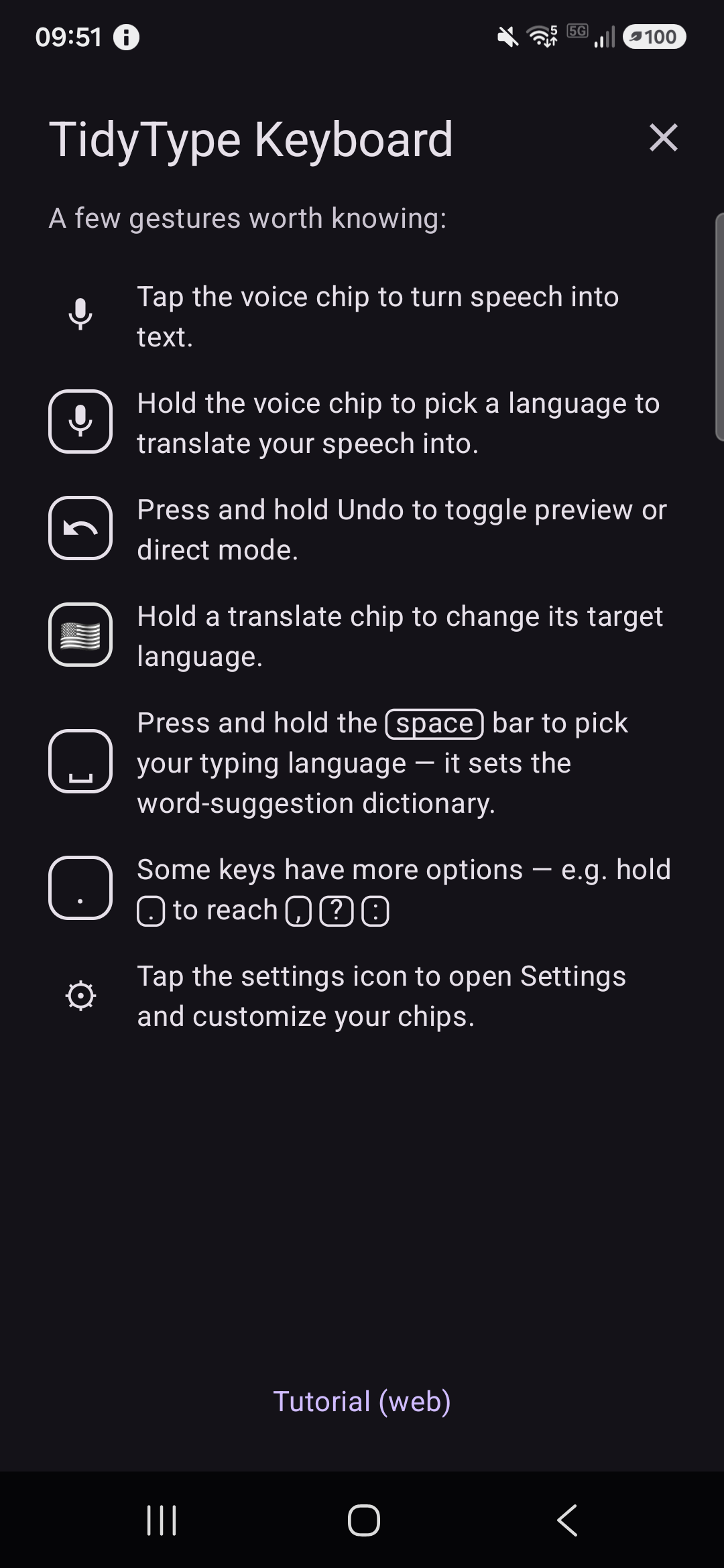 The Quick start screen — a practice field with quick-action hints
