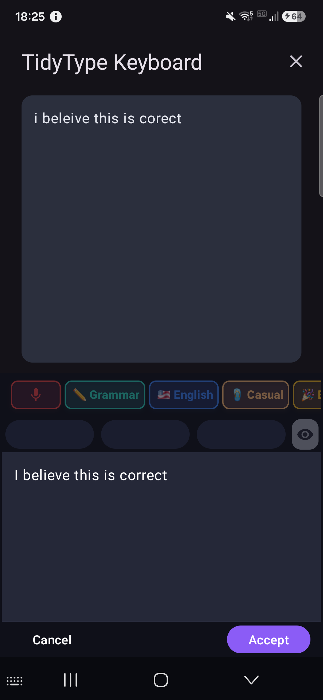 A rewrite previewed in a panel, with Accept and Cancel